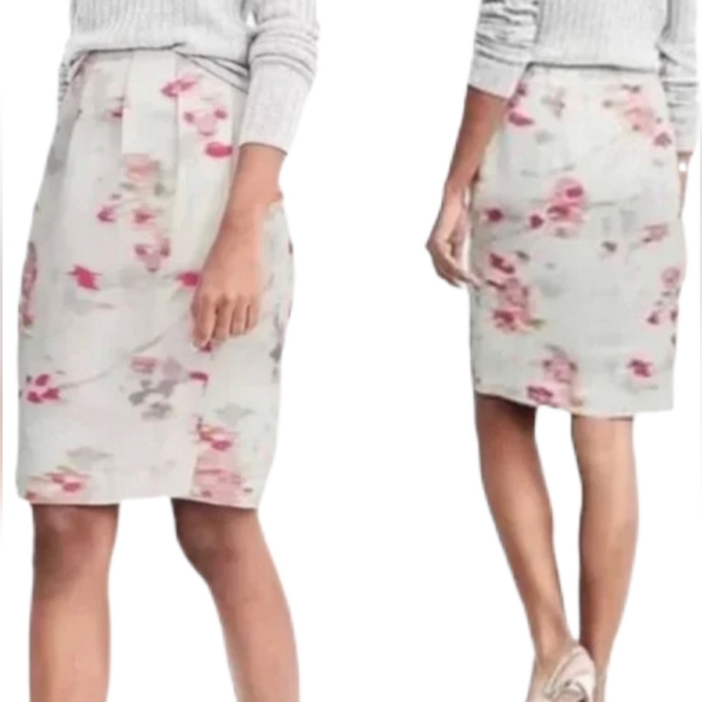 Banana Republic Pink Cream linen pastel watercolor faux wrap skirt 14